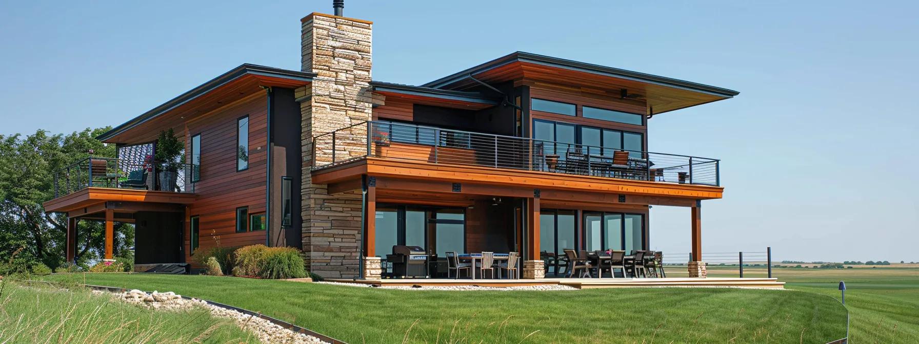 a modern, sleek deck installation showcases expertly crafted wood and steel elements against the backdrop of a contemporary ranch home, embodying the pinnacle of outdoor living style by iowa’s finest deck builders.