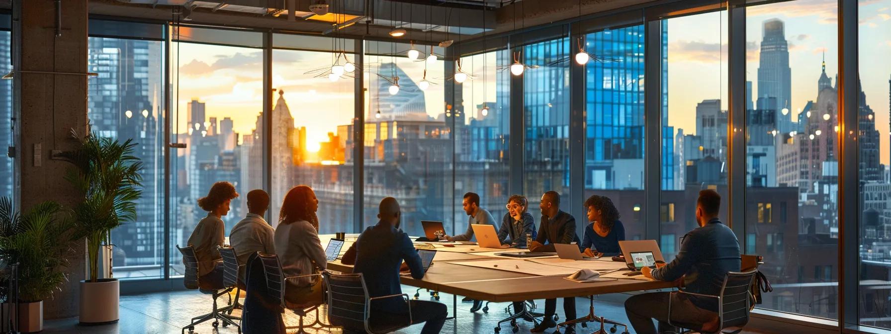 a modern urban office conference room features a diverse team enthusiastically collaborating over a detailed blueprint of a stylish deck design, illuminated by sleek pendant lighting and framed by large windows showcasing the vibrant city skyline.