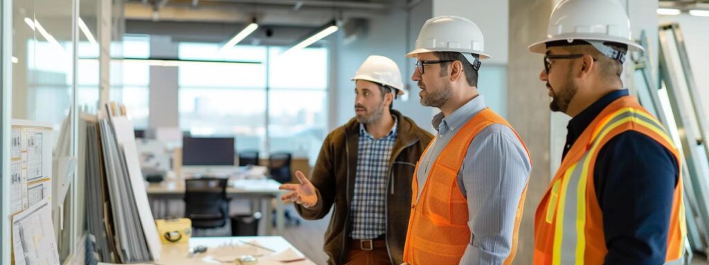 General Contractors: More Than Just Construction Workers! 3 a sleek, modern office interior showcases a general contractor presenting a polished construction project walkthrough to a homeowner, emphasizing the professionalism and attention to detail in post-construction duties.