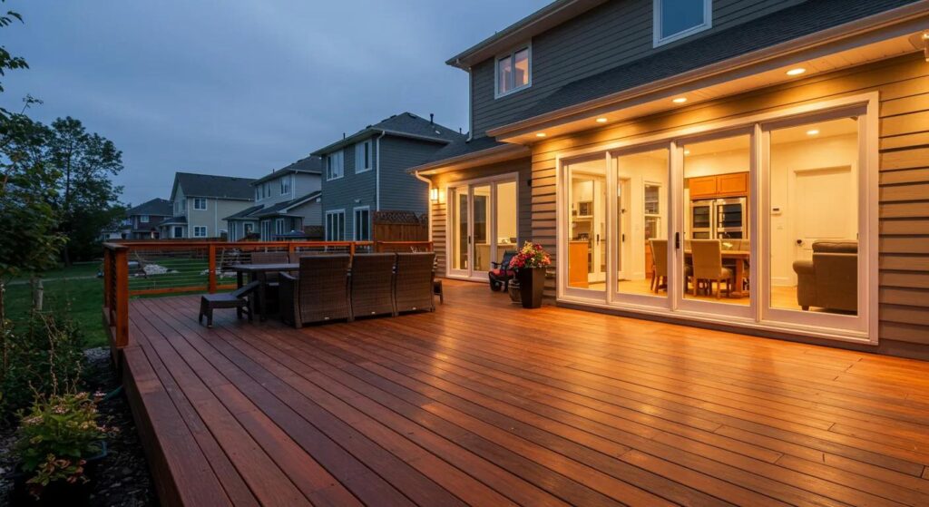 Composite vs. Wood: What Decks Suit Des Moines Best? 2 a beautifully designed wooden deck with rich, warm tones sits elegantly against a backdrop of a modern suburban home in des moines, showcasing its customizability and inviting charm under soft, ambient lighting.