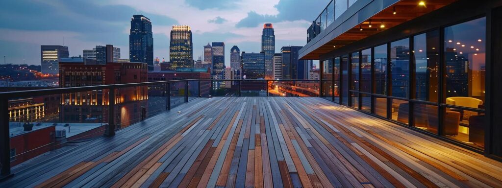 Deck Material Choices and Their Lifespan in Des Moines 2 a beautifully crafted wooden deck situated on a modern urban balcony, showcasing its weathered yet sturdy structure while surrounded by sleek city high-rises under soft evening lights, symbolizing the enduring quality and maintenance of wood decks in des moines.