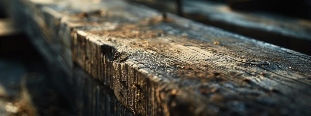 Advantages and Disadvantages of Treated Lumber and Composite 3 a close-up shot of weathered treated lumber planks in a dimly lit indoor workshop, highlighting splintered edges and the contrasting sheen of chemical treatments, to convey concerns about maintenance and safety.