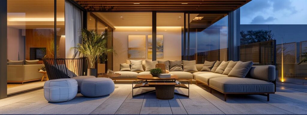Exploring 3 Season and 4 Season Porches for Your Home 2 a contemporary screened patio showcasing stylish furniture and innovative design elements, elegantly illuminated under soft indoor lighting, inviting relaxation and conversation in a modern urban living space.