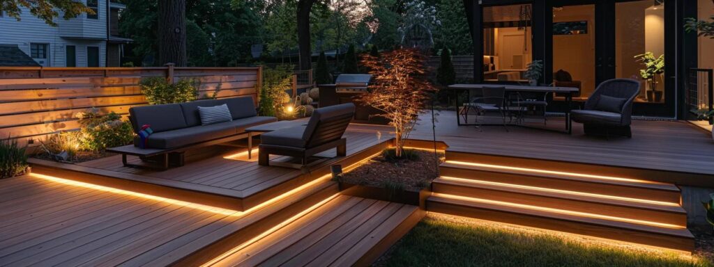 Deck Material Choices and Their Lifespan in Des Moines 5 a modern backyard deck in des moines, adorned with sleek furniture, showcasing a detailed view of a homeowner meticulously inspecting the wood surface for maintenance, under soft ambient lighting that highlights the deck’s well-maintained finish.