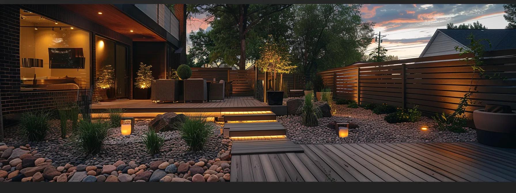 a modern iowa backyard featuring a stylish composite decking setup, showcasing various textures and colors under a softly lit evening sky, inviting relaxation and outdoor gatherings.