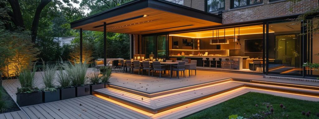Why Composite Decks Are a Smart Choice for Grimes Homes 4 a modern outdoor living space showcases sleek composite decking beneath a stylish dining area, illuminated by warm ambient lighting, highlighting its durability and aesthetic appeal for a sophisticated grimes home investment.