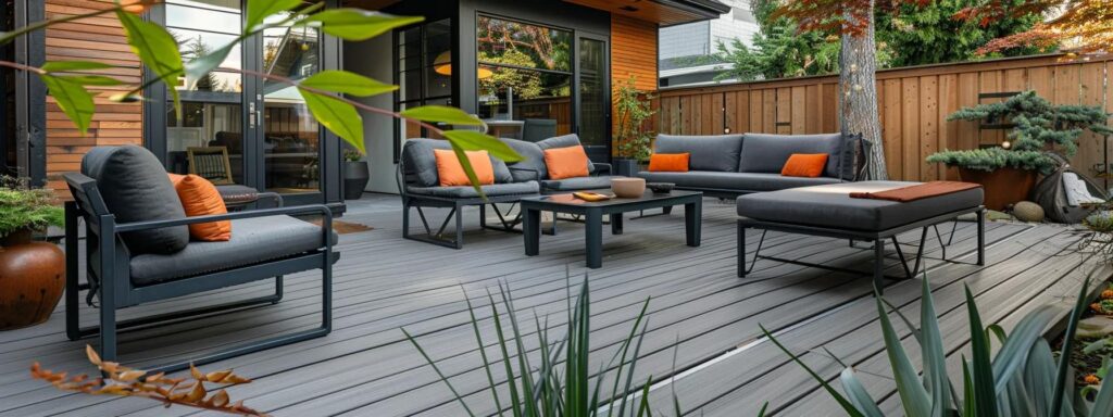 Deck Material Choices and Their Lifespan in Des Moines 3 a modern urban backyard showcases a sleek, well-maintained pvc deck with rich texture and vibrant colors, emphasizing its durability and longevity amidst a stylish outdoor furniture arrangement.