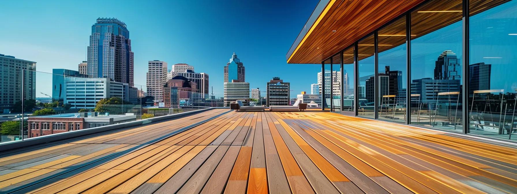 a modern urban outdoor display showcasing the durability and aesthetic appeal of wood, composite, and pvc decking materials under a clear blue sky in des moines, emphasizing their longevity and design versatility against a sleek city skyline backdrop.