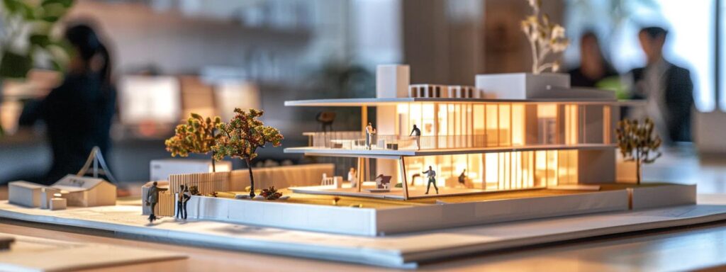 Home Building in West Des Moines: Trust Busy Builders LLC 4 a modern, well-lit office space showcases a sleek architectural model of a cozy new home, with a team of enthusiastic builders and architects engaged in a collaborative discussion surrounded by blueprints and materials.