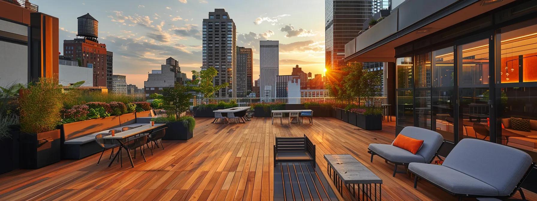 a sharp, modern outdoor patio showcasing a vibrant composite deck beside a rich, traditional wood deck, set against a sleek urban backdrop that emphasizes the contrasting materials and textures.