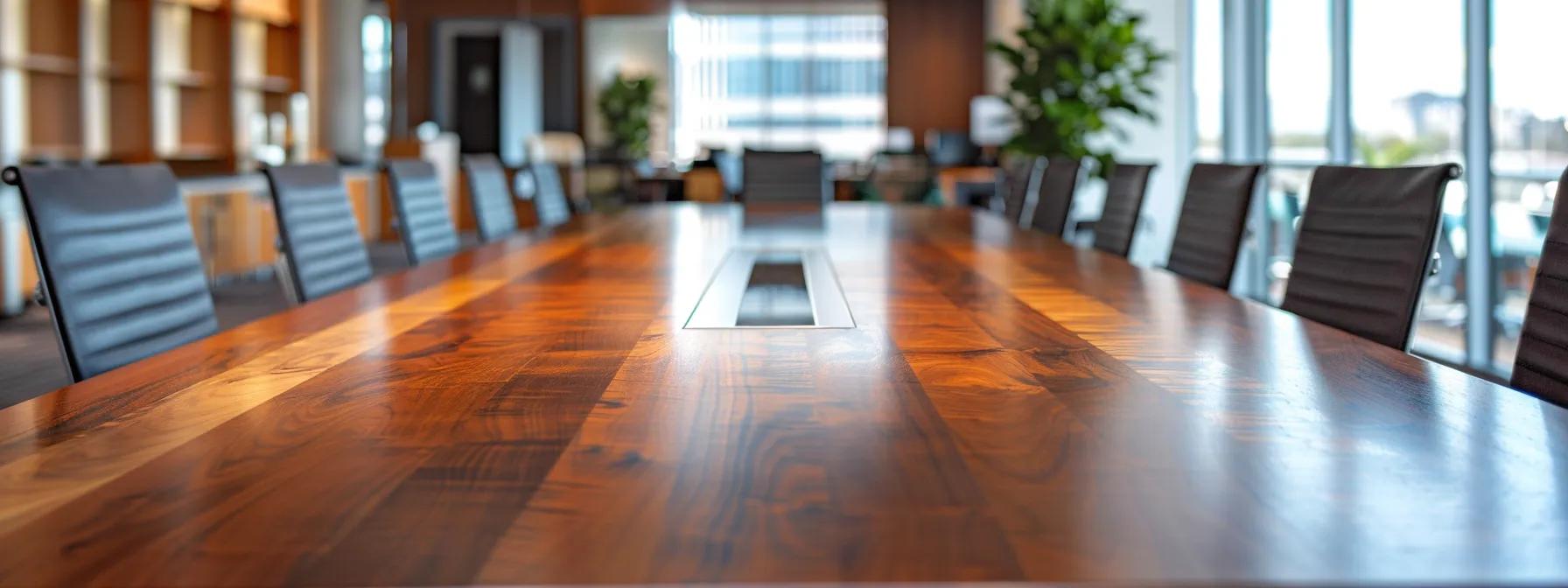 a sleek, modern office conference room showcases a polished wooden table surrounded by sophisticated composite material samples, emphasizing the contrasting textures and finishes that highlight the key advantages and disadvantages of treated lumber versus composite materials.