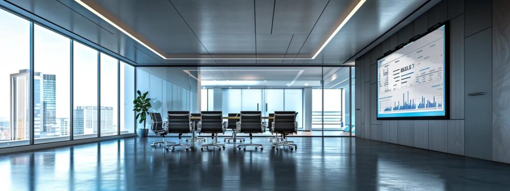 Durable Decking Materials for Iowa's Weather Conditions 2 a sleek, modern office conference room features a dynamic presentation screen displaying a detailed comparison chart of various decking materials, highlighted under bright, focused led lighting to emphasize cost, durability, and maintenance insights.