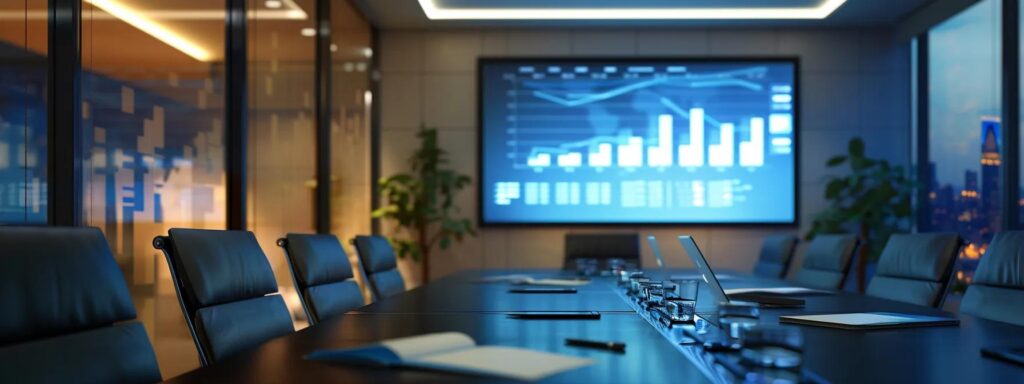 a sleek, modern office conference room with a large digital screen displaying a chart of custom deck costs and financing options, illuminated by bright, focused lighting creating an engaging atmosphere for a financial presentation.