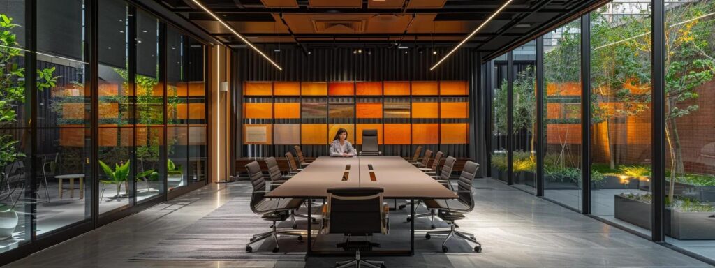 Exploring 3 Season and 4 Season Porches for Your Home 3 a sleek, modern office space features a large conference table surrounded by diverse samples of patio materials, illuminated by overhead led lights, showcasing a professional team engaged in a detailed discussion on maintenance needs for each patio type.