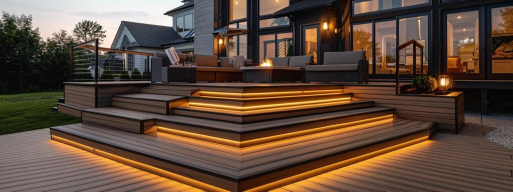 Deck Material Choices and Their Lifespan in Des Moines 4 a sleek, modern outdoor deck in a suburban des moines setting showcases a comparison of long-lasting pvc, composite, and wood materials, each displayed prominently with distinct textures and colors under bright, even artificial lighting.