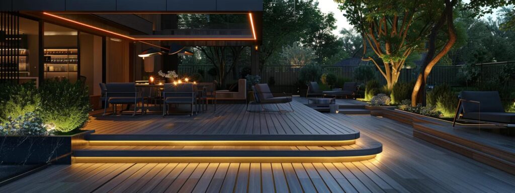 Why Composite Decks Are a Smart Choice for Grimes Homes 2 a stylish and modern composite deck seamlessly integrates with a sleek, urban outdoor living space, showcasing contemporary furniture and dynamic lighting that accentuates the elegance of outdoor entertaining.