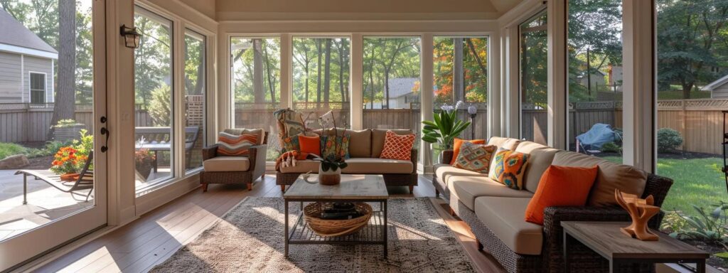 Exploring 3 Season and 4 Season Porches for Your Home 1 a stylishly designed screened-in patio features a sleek four-season sunroom on one side, contrasted with a cozy three-season porch on the other, showcasing the distinct architectural elements and interior arrangements that highlight their key differences.