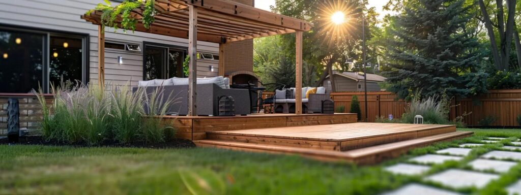 Advantages and Disadvantages of Treated Lumber and Composite 2 a well-constructed outdoor deck made from treated lumber, showcasing its rich grain and sturdy design, seamlessly integrated with an elegant pergola that highlights its versatility and aesthetic appeal in a contemporary urban backyard setting.