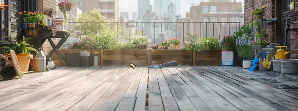 Composite vs. Wood: What Decks Suit Des Moines Best? 3 a well-organized urban patio showcases a side-by-side comparison of a pristine composite deck and a weathered wood deck, highlighting contrasting maintenance needs through visible cleaning tools and maintenance equipment set against a backdrop of bustling city life.