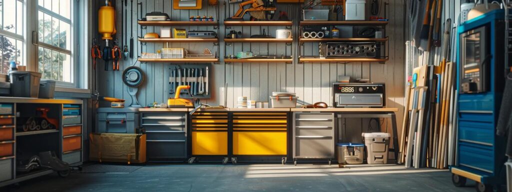 Seasonal Deck Care Checklist: Your Guide for Every Season 9 a professional contractor inspects various deck materials in a modern urban workshop, showcasing different cleaning tools and maintenance products designed for seasonal care in an organized yet visually engaging manner.