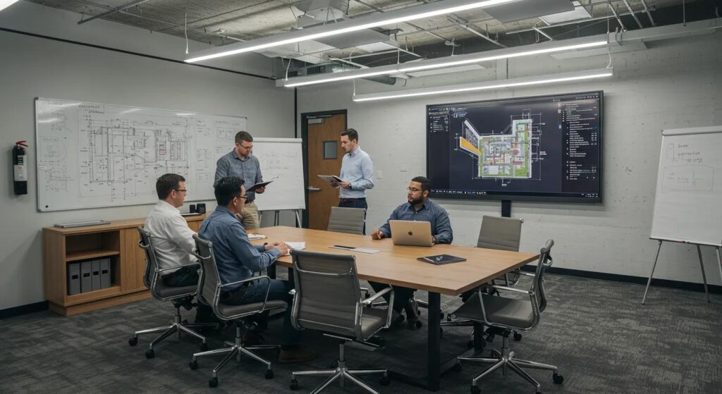 Local Basement Finishing Experts: Quality You Can Trust 4 a modern, bustling office space showcases a group of local basement finishing experts collaborating around a sleek conference table, creating efficient project plans while analyzing budgets displayed on a large digital screen.