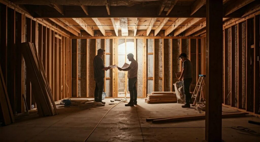Budget-Savvy Basement Finishing Ideas for Stylish Homes 9 a modern basement under renovation showcases a dynamic work environment with construction professionals discussing blueprints amid exposed beams and materials, highlighting the detailed phases of a remodeling project.