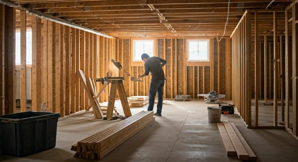 What to Know About DIY and Professional Basement Finishing Options 2 a focused interior scene showcases a well-lit, partially finished basement with a construction worker assessing various diy tools and materials, highlighting the ambition and challenges of home renovation with a backdrop of exposed beams and unfinished walls.