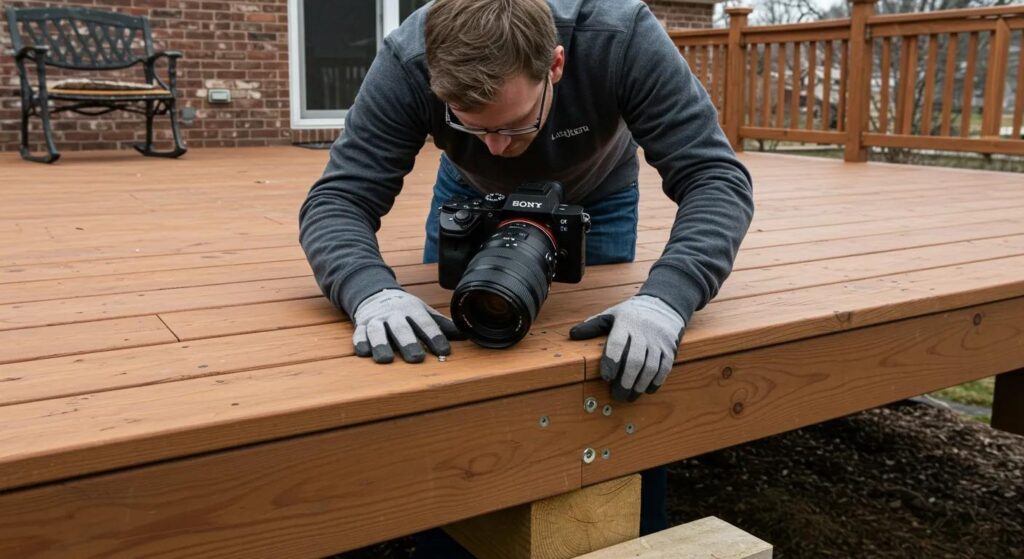 Local Deck Builders in Des Moines: Top Trends You’ll Love 4 a skilled local deck builder meticulously inspects a beautifully crafted wooden deck on a suburban home in des moines, showcasing the precision and craftsmanship that reflects their expertise in the area’s unique building requirements.