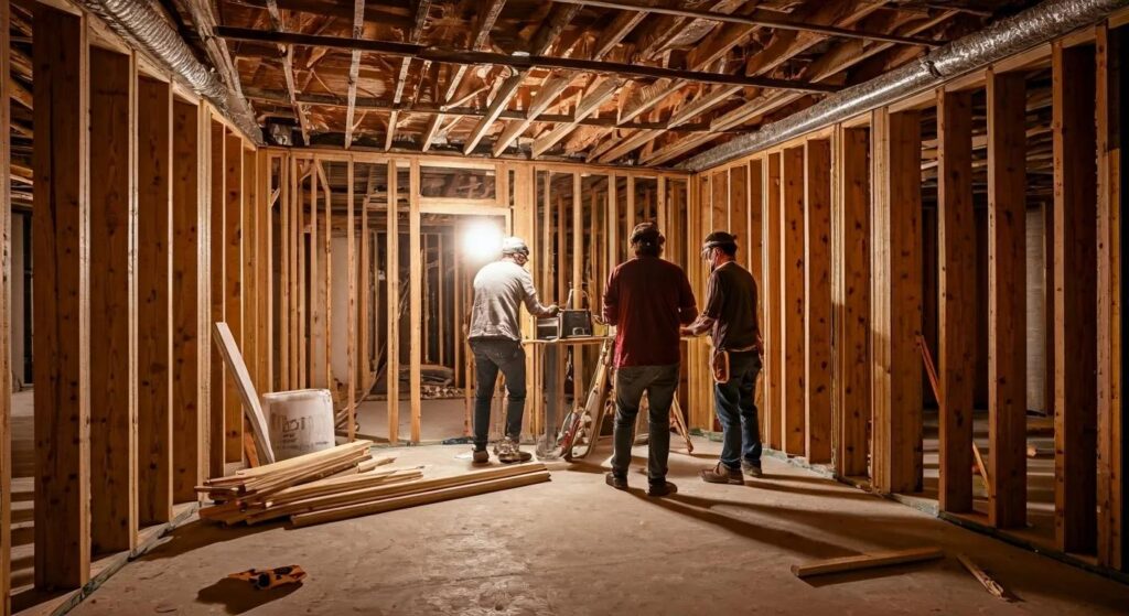 What to Expect: Basement Finishing Timeline in Des Moines 4 a modern basement renovation project in an urban setting showcases contractors meticulously measuring and discussing timelines against a backdrop of partially finished walls and exposed framing, emphasizing the organized chaos of home improvement.