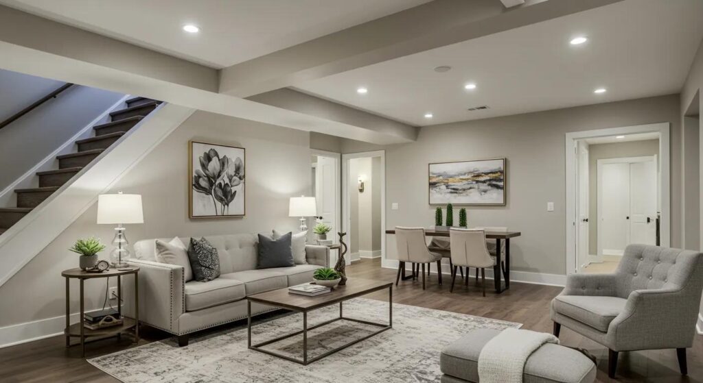 Brighten Your Living Space With Des Moines Basement Services 5 a beautifully renovated basement in a modern des moines home, showcasing elegant furniture, stylish lighting, and a spacious layout that emphasizes comfort and functionality, with a satisfied homeowner admiring the transformation.