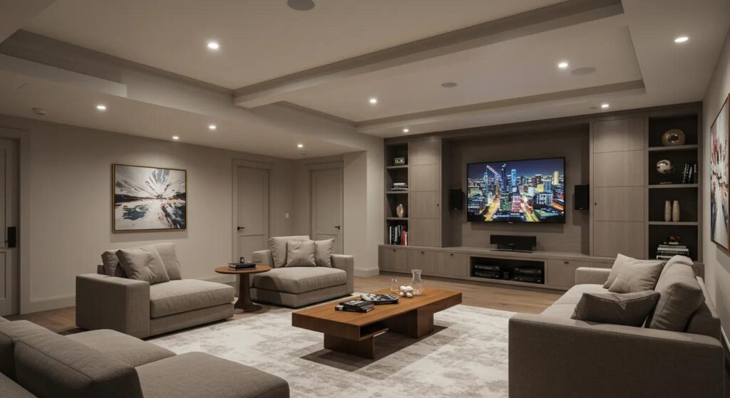 Brighten Your Living Space With Des Moines Basement Services 2 a modern, beautifully finished basement transformed into a cozy entertainment area featuring a stylish home theater setup, elegant lighting, and comfortable seating, all set within a sleek and contemporary interior design.