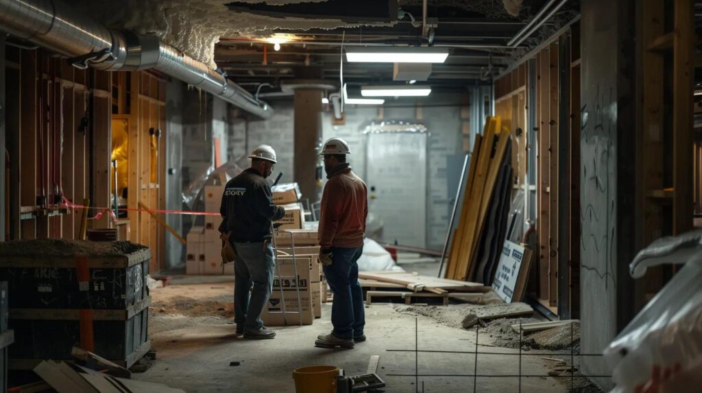 What to Expect: Basement Finishing Timeline in Des Moines 3 a busy urban construction site showcases professionals strategically discussing plans for a basement finishing project, surrounded by construction materials and tools, emphasizing the complexities of project duration influenced by various logistical factors.