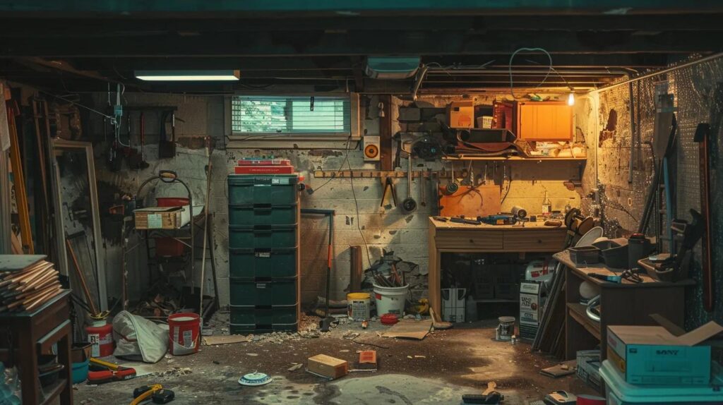 a cluttered diy basement renovation scene showcases unfinished walls and scattered tools, emphasizing the chaotic aftermath of amateur construction mistakes in a dimly lit, urban basement environment.