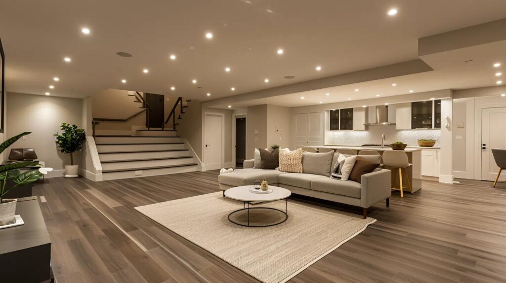 a modern basement interior showcases sleek, low-profile insulation and moisture-resistant drywall, with polished engineered flooring, all illuminated by warm recessed lighting to highlight the spacious, inviting atmosphere.