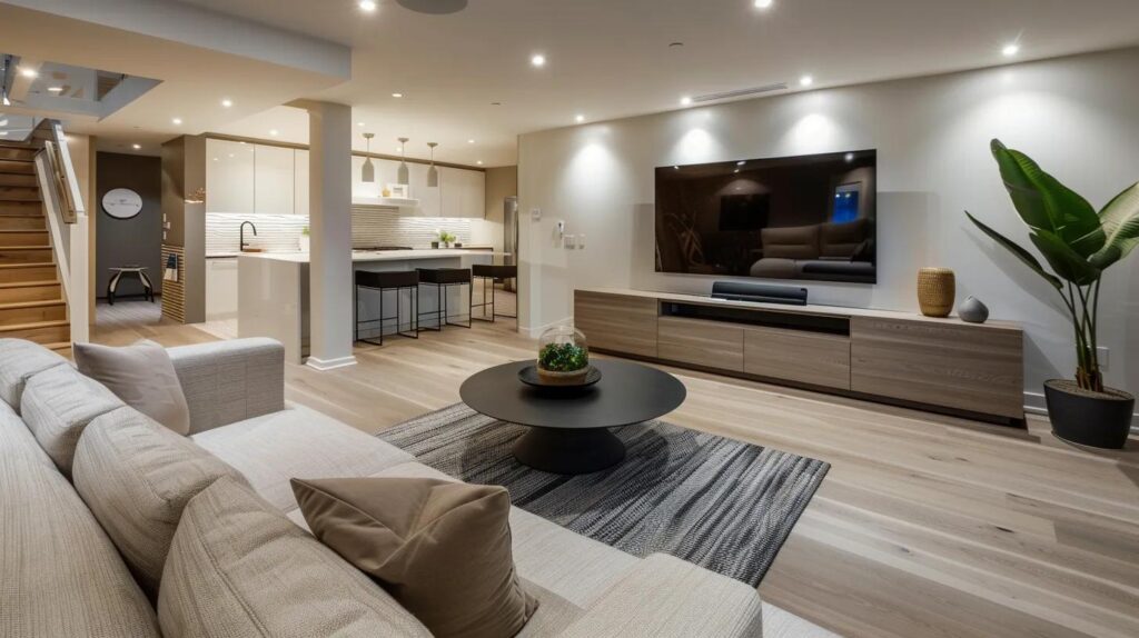 a modern basement renovation showcases a spacious, stylish interior with multifunctional furniture and clever storage solutions, illuminated by sleek recess lighting that enhances the contemporary design.