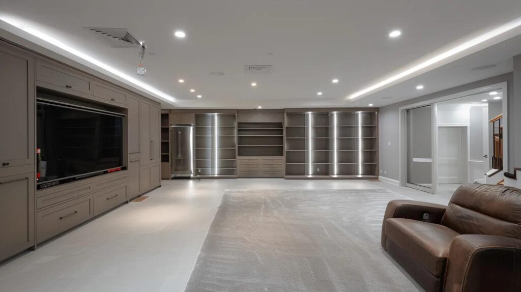 a modern basement storage area showcases innovative renovation techniques, featuring sleek cabinetry made from durable materials and a pristine layout reinforced with moisture-proof insulation and vapor barriers, all illuminated by bright, focused lighting.