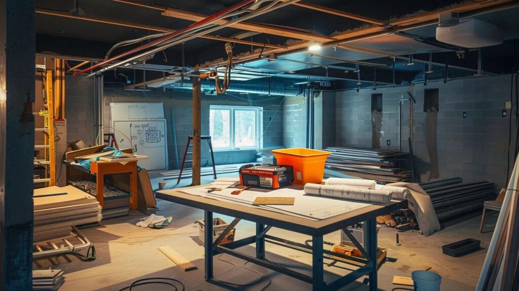 a modern basement under construction in an urban setting, showcasing organized materials, blueprints spread across a drafting table, and skilled workers collaborating on the remodel process with clear communication and focus on systematic progress.
