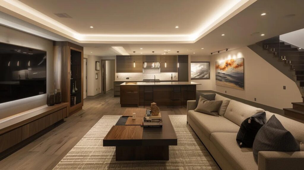 Creative Finished Basement Spaces for Maximum Home Value 8 a modern, elegantly designed basement transformation showcases well-defined zones for leisure and work, featuring sleek furniture, warm lighting, and visible construction materials, reflecting the complexities and decisions involved in basement finishing projects.