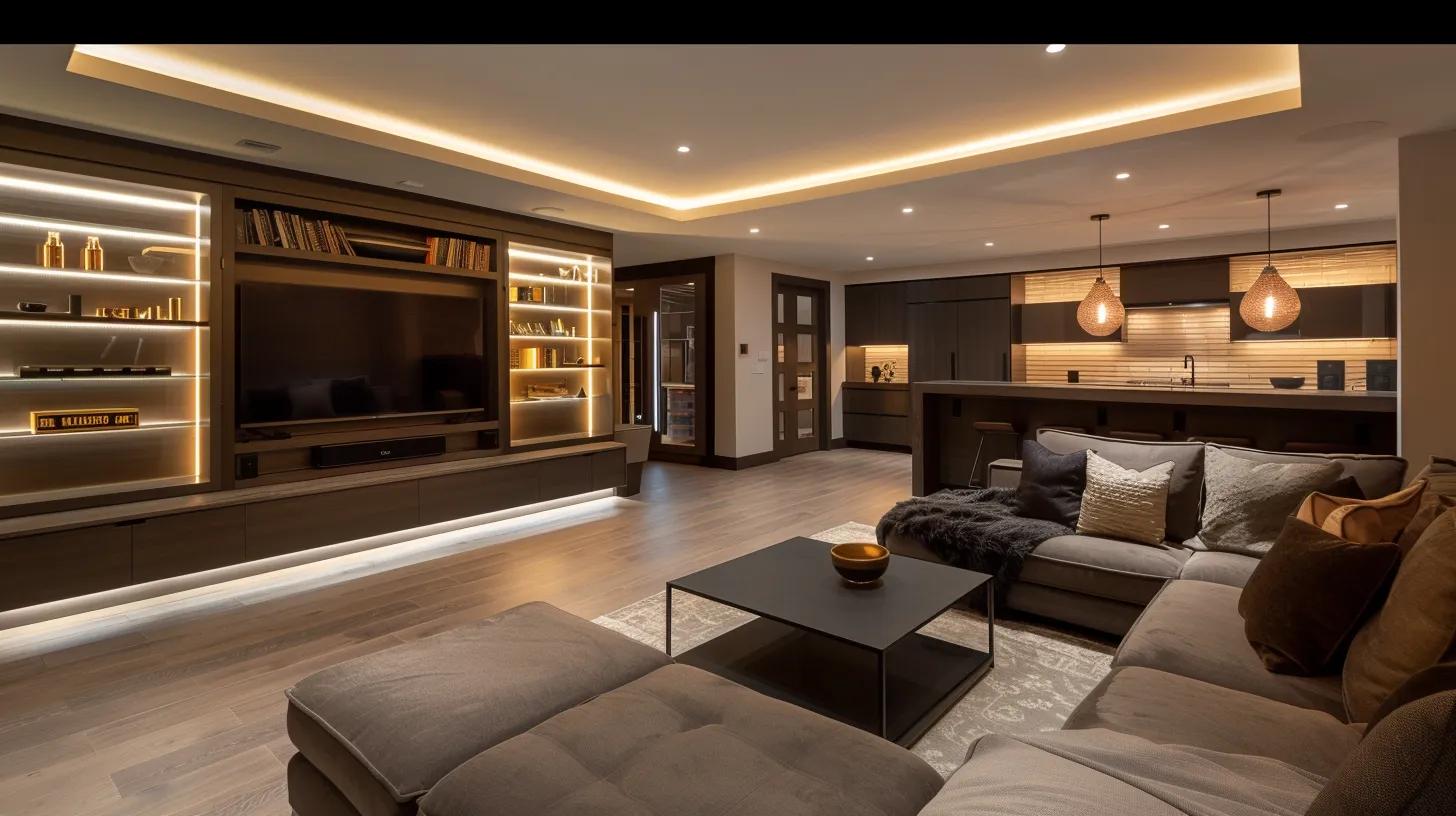 a modern, elegantly designed basement showcases innovative storage solutions with sleek cabinetry, organized shelving, and multifunctional furniture, all illuminated by warm, ambient lighting that enhances the sophisticated atmosphere.