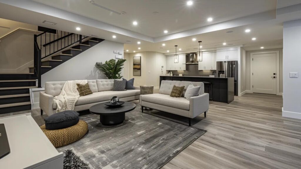 a modern, stylish basement interior showcases a striking contrast between affordable and premium finishing options, featuring sleek furniture and elegant decor that invite a conversation about value and investment in home design.