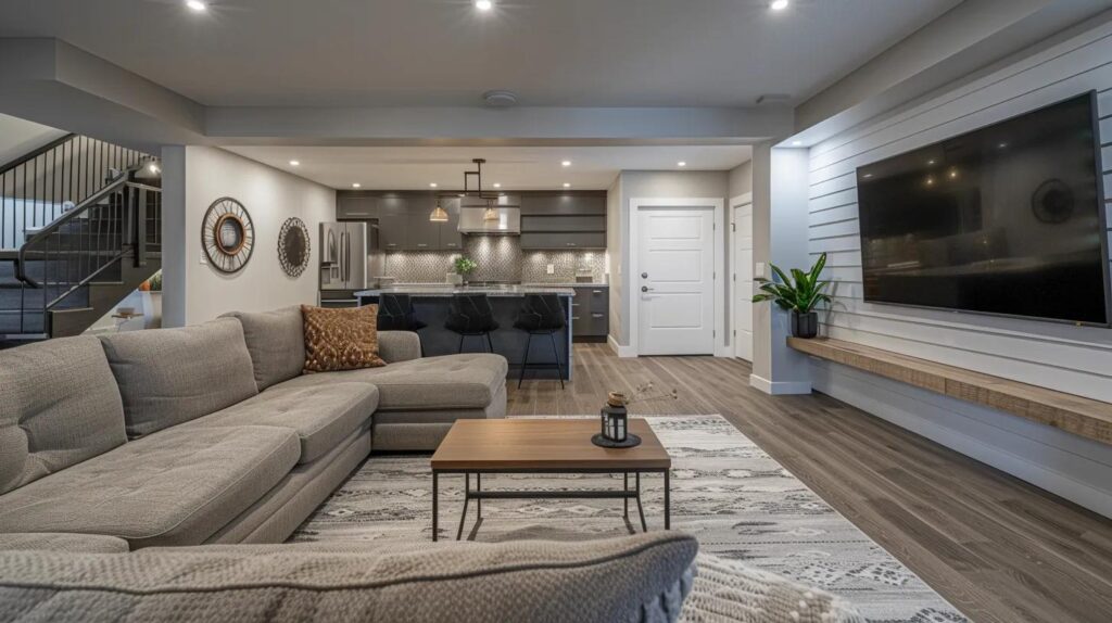 a modern, stylish basement renovation displays a cozy yet sophisticated living space, showcasing polished finishes and smart design choices that highlight the contrast between affordable and premium options.