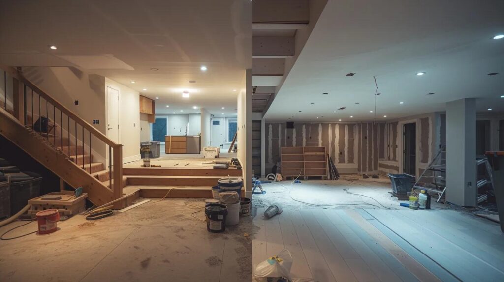 a modern, stylish basement renovation in progress, showcasing a split scene with one half featuring organized diy tools and materials on one side, and the other half displaying a professional contractor meticulously installing custom drywall, bathed in warm artificial lighting to highlight the active transformation of the space.