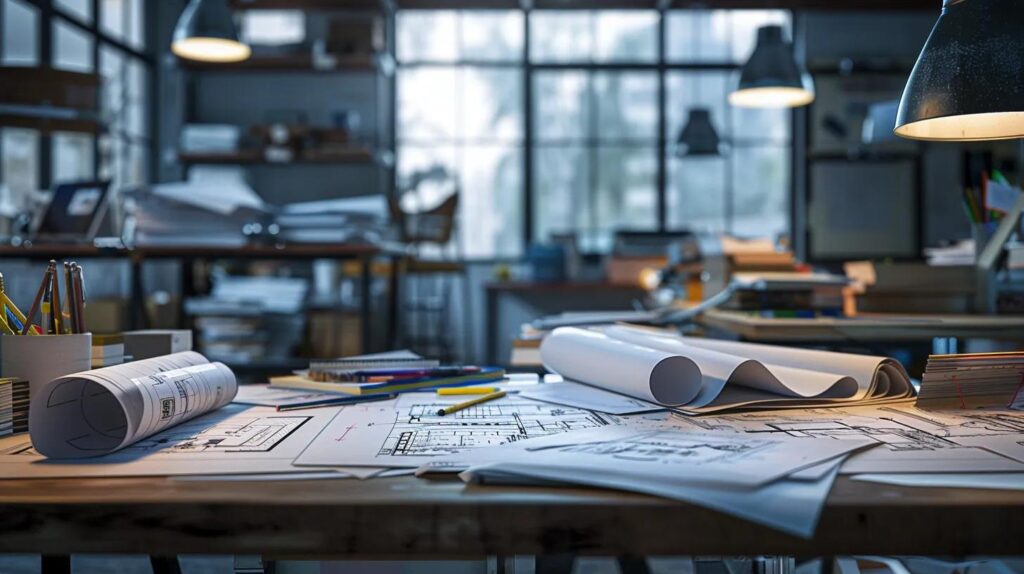 Budget-Savvy Basement Finishing Ideas for Stylish Homes 7 a modern urban office space showcases an architect's drafting table cluttered with blueprints and cost analysis sheets for a basement finishing project, illuminated by sleek overhead lighting that emphasizes the intricacies of design and budgeting.
