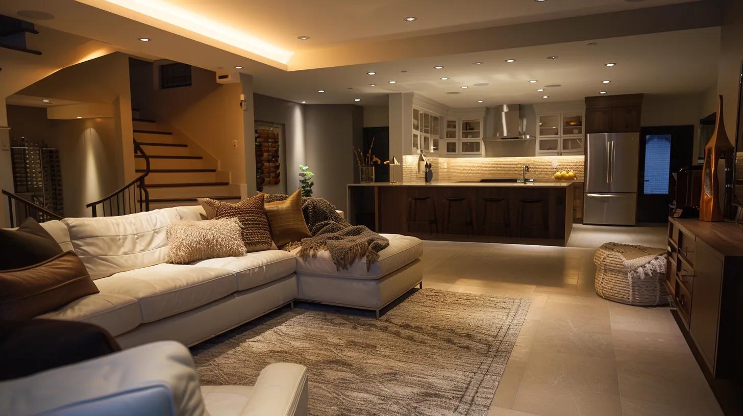 a modern, well-appointed basement showcasing stylish yet practical design features, including elegant lighting and functional furniture, highlights the essential elements of successful basement finishing while subtly hinting at common pitfalls to avoid.