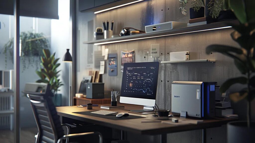 a modern, well-organized basement office equipped with advanced humidity control devices and a digital monitor displaying optimal humidity levels, creating a sleek and professional atmosphere focused on maintaining air quality and preventing mold.
