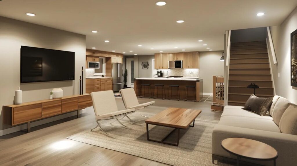 Budget-Savvy Basement Finishing Ideas for Stylish Homes 8 a modern, well-lit basement remodel showcasing a selection of sleek, cost-effective finishing materials displayed on a clean workspace, emphasizing the balance of style and budget-friendly choices.