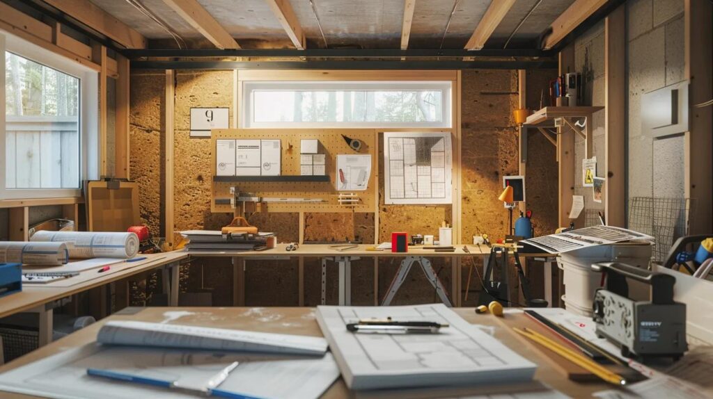 a modern, well-lit basement under renovation showcases sleek insulation materials, organized tools, and architectural plans displayed on a table, emphasizing best practices for creating a durable and stylish living space.