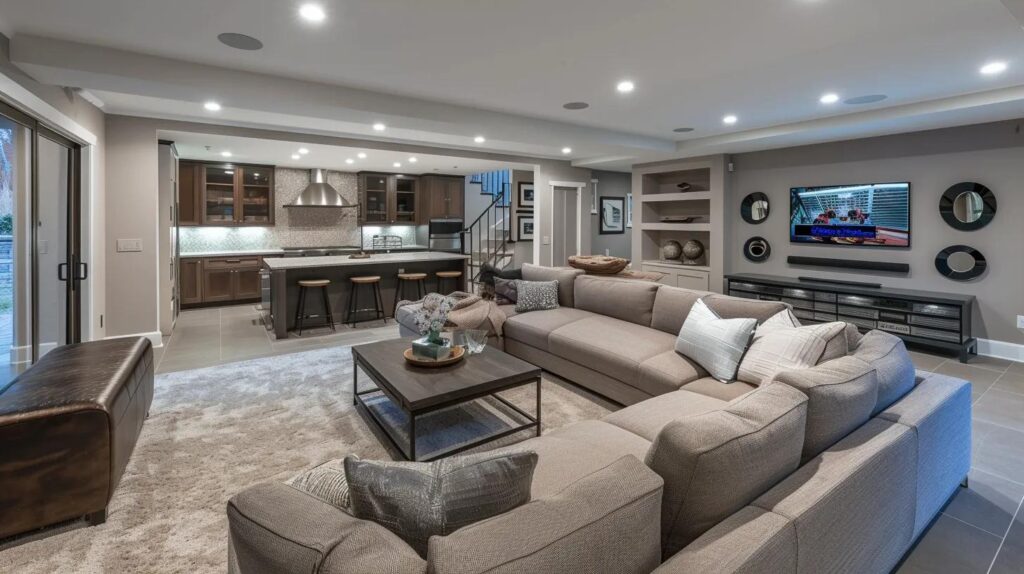 Budget-Savvy Basement Finishing Ideas for Stylish Homes 10 a modern, well-organized basement transformed into a cozy living space, featuring stylish furniture, warm lighting, and engaging design elements that highlight cost-effective finishing solutions for homeowners.