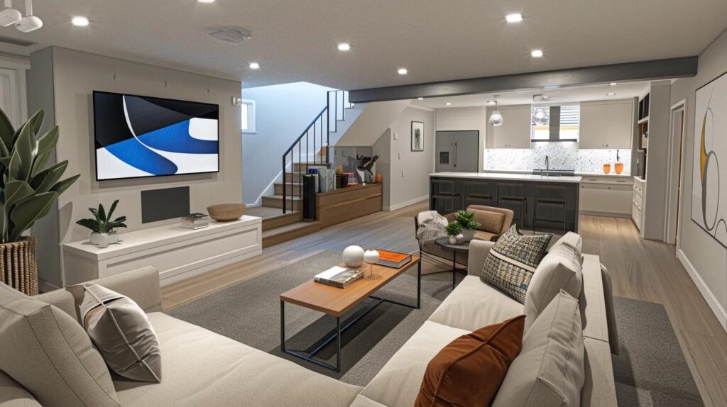 a professional interior designer presents a sleek, modern basement remodeling layout on a digital tablet in a well-lit, contemporary office, emphasizing striking design elements and cost considerations for homeowners in des moines.