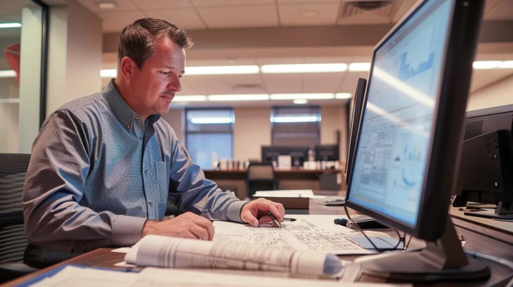 How to Interpret Your Basement Finishing Price Quote Clearly 5 a professional office environment showcases a focused contractor reviewing a detailed project quote, surrounded by blueprints, legal documents, and a computer screen displaying permit requirements, all under bright overhead lighting to emphasize the importance of compliance and thoroughness.